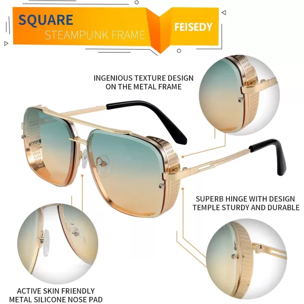 FEISEDY Sunglasses Mens Women Vintage Pilot Square Trendy Metal Steampunk Fishing Driving Sun Glasses B2894Gradient Green Pink