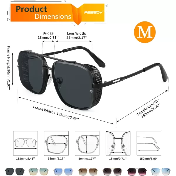 FEISEDY Sunglasses Mens Women Vintage Pilot Square Trendy Metal Steampunk Fishing Driving Sun Glasses B2894Gun Grey Frame Gradient Grey