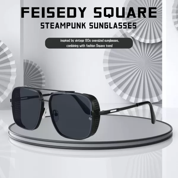 FEISEDY Sunglasses Mens Women Vintage Pilot Square Trendy Metal Steampunk Fishing Driving Sun Glasses B2894Gun Grey Frame Gradient Grey