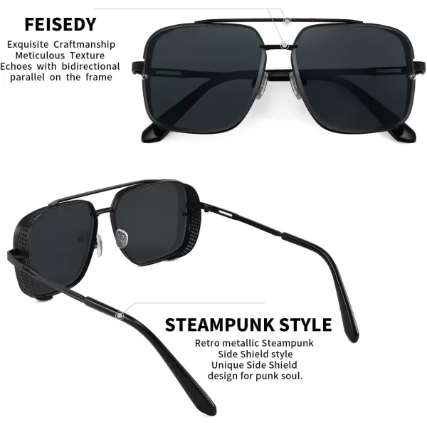 FEISEDY Sunglasses Mens Women Vintage Pilot Square Trendy Metal Steampunk Fishing Driving Sun Glasses B2894Gun Grey Frame Gradient Grey