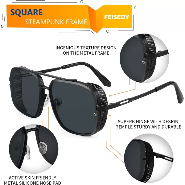 FEISEDY Sunglasses Mens Women Vintage Pilot Square Trendy Metal Steampunk Fishing Driving Sun Glasses B2894Gun Grey Frame Gradient Grey