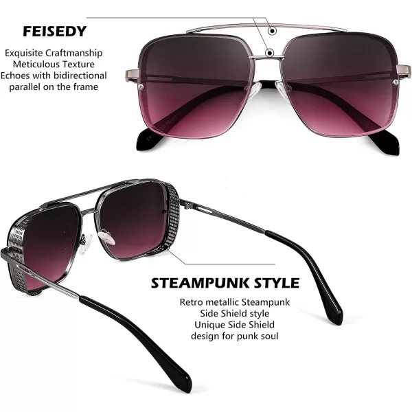 FEISEDY Sunglasses Mens Women Vintage Pilot Square Trendy Metal Steampunk Fishing Driving Sun Glasses B2894Gun Grey Frame Gradient Red