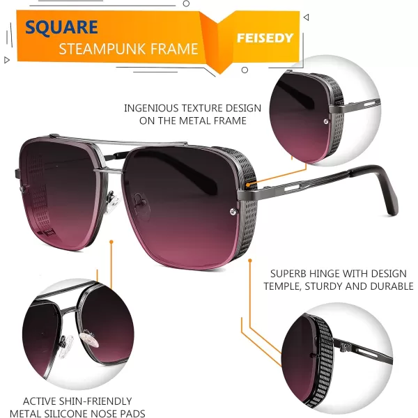 FEISEDY Sunglasses Mens Women Vintage Pilot Square Trendy Metal Steampunk Fishing Driving Sun Glasses B2894Gun Grey Frame Gradient Red
