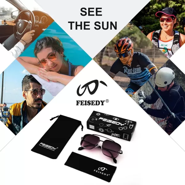 FEISEDY Sunglasses Mens Women Vintage Pilot Square Trendy Metal Steampunk Fishing Driving Sun Glasses B2894Gun Grey Frame Gradient Red