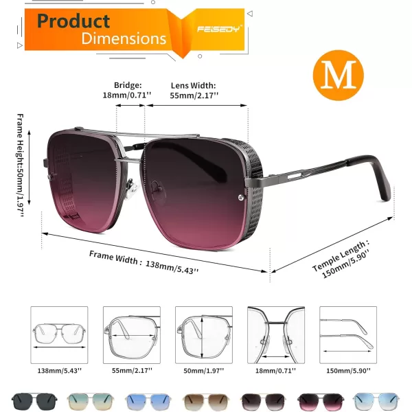 FEISEDY Sunglasses Mens Women Vintage Pilot Square Trendy Metal Steampunk Fishing Driving Sun Glasses B2894Gun Grey Frame Gradient Red
