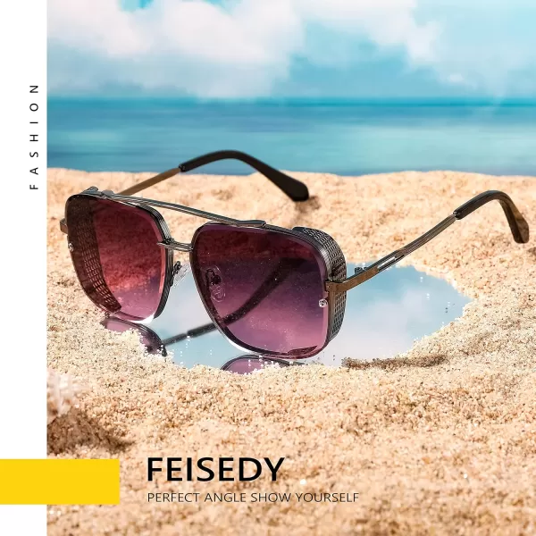 FEISEDY Sunglasses Mens Women Vintage Pilot Square Trendy Metal Steampunk Fishing Driving Sun Glasses B2894Gun Grey Frame Gradient Red