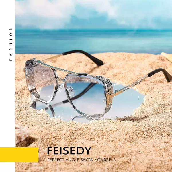 FEISEDY Sunglasses Mens Women Vintage Pilot Square Trendy Metal Steampunk Fishing Driving Sun Glasses B2894Silver Gradient Grey Blue