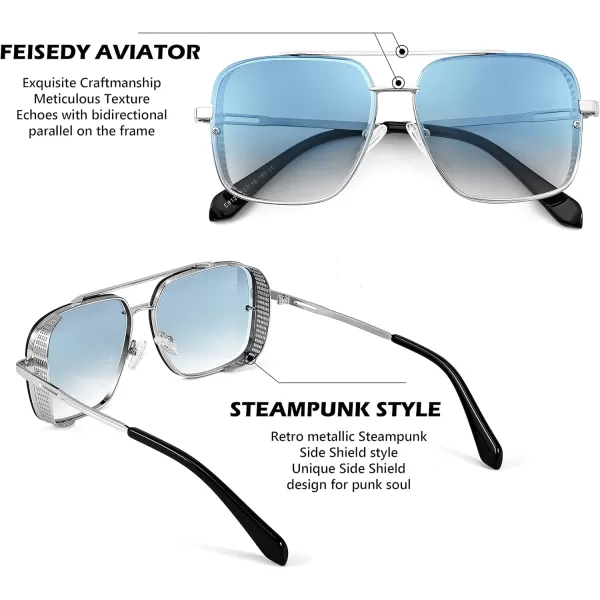 FEISEDY Sunglasses Mens Women Vintage Pilot Square Trendy Metal Steampunk Fishing Driving Sun Glasses B2894Silver Gradient Grey Blue