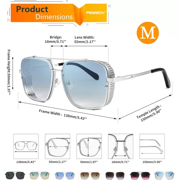 FEISEDY Sunglasses Mens Women Vintage Pilot Square Trendy Metal Steampunk Fishing Driving Sun Glasses B2894Silver Gradient Grey Blue