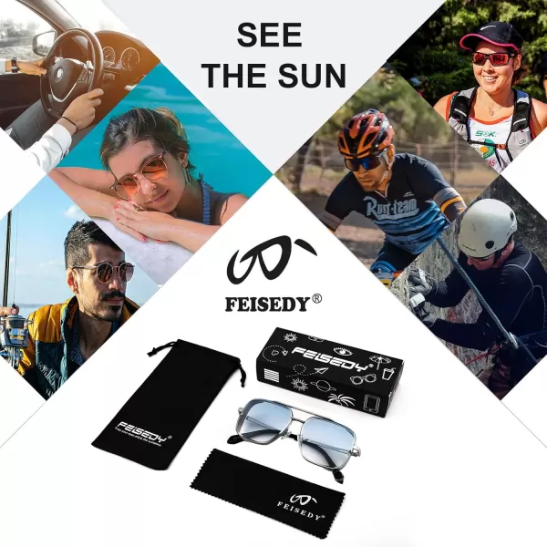 FEISEDY Sunglasses Mens Women Vintage Pilot Square Trendy Metal Steampunk Fishing Driving Sun Glasses B2894Silver Gradient Grey Blue