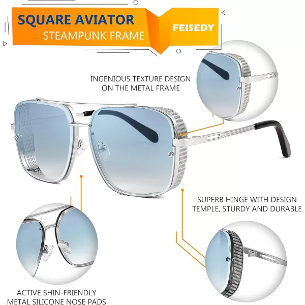 FEISEDY Sunglasses Mens Women Vintage Pilot Square Trendy Metal Steampunk Fishing Driving Sun Glasses B2894Silver Gradient Grey Blue