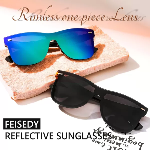 FEISEDY Sunglasses Rimless Mirrored Sun Glasses with Reflective OnePiece Lens B4114Black