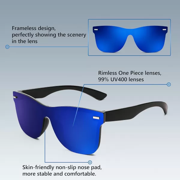 FEISEDY Sunglasses Rimless Mirrored Sun Glasses with Reflective OnePiece Lens B4114Black FrameBlue Mirror