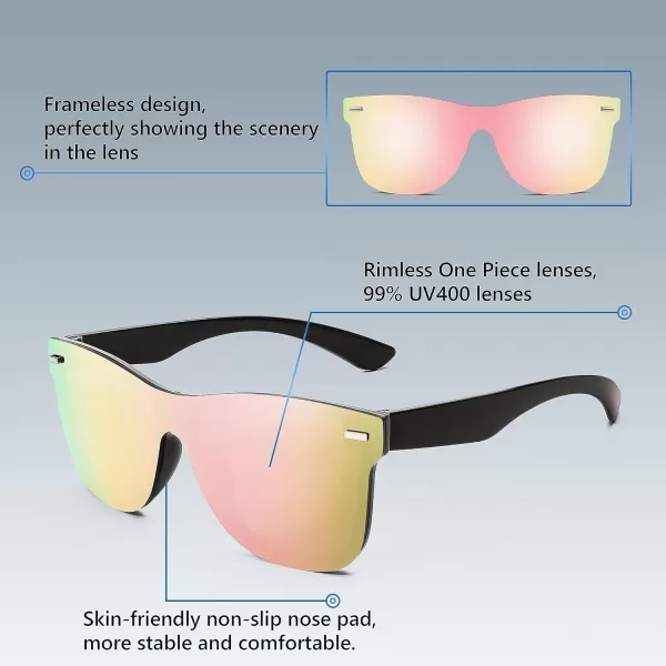 FEISEDY Sunglasses Rimless Mirrored Sun Glasses with Reflective OnePiece Lens B4114Black FramePink Mirror
