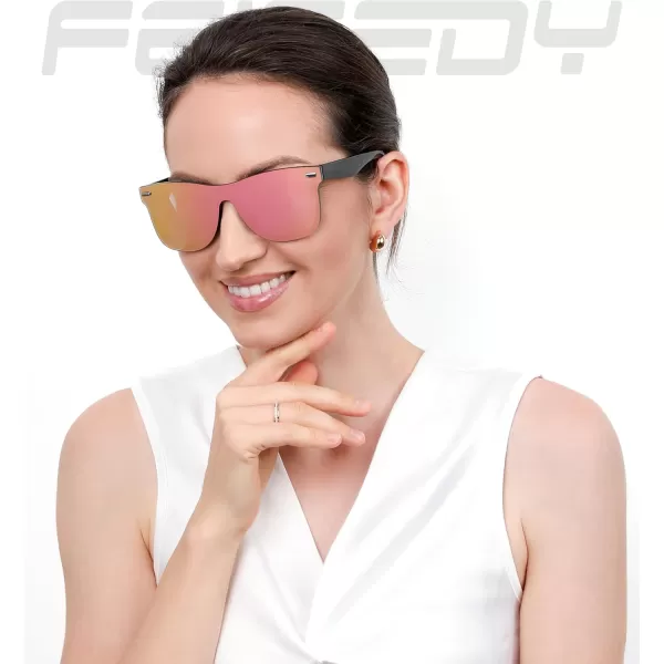FEISEDY Sunglasses Rimless Mirrored Sun Glasses with Reflective OnePiece Lens B4114Black FramePink Mirror
