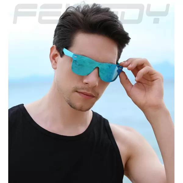 FEISEDY Sunglasses Rimless Mirrored Sun Glasses with Reflective OnePiece Lens B4114Blue FrameBlue Mirror