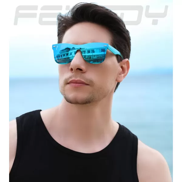 FEISEDY Sunglasses Rimless Mirrored Sun Glasses with Reflective OnePiece Lens B4114Blue FrameBlue Mirror