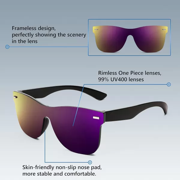 FEISEDY Sunglasses Rimless Mirrored Sun Glasses with Reflective OnePiece Lens B4114Dark Lavender Mirror