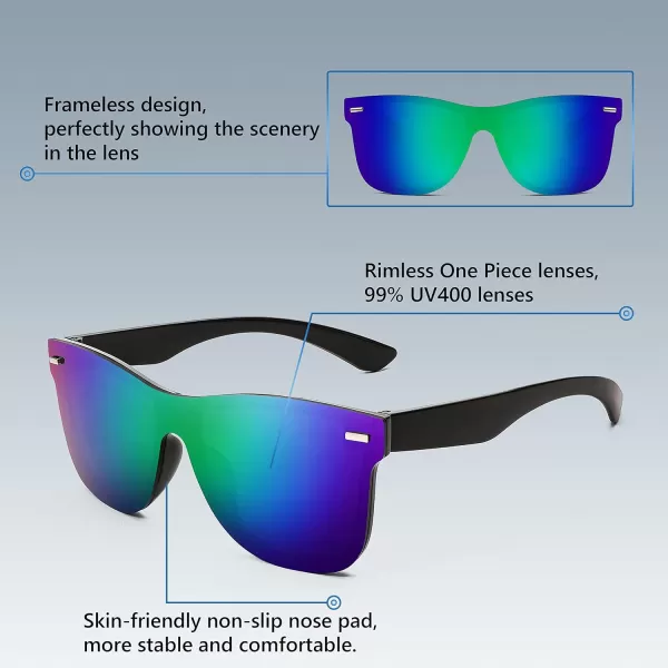 FEISEDY Sunglasses Rimless Mirrored Sun Glasses with Reflective OnePiece Lens B4114Green Blue Mirror