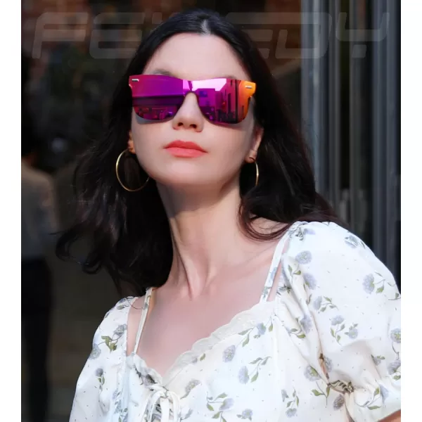 FEISEDY Sunglasses Rimless Mirrored Sun Glasses with Reflective OnePiece Lens B4114Purple Mirror