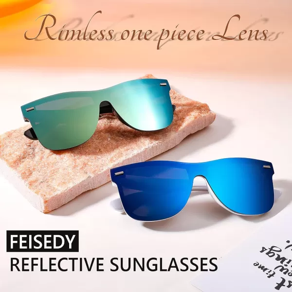 FEISEDY Sunglasses Rimless Mirrored Sun Glasses with Reflective OnePiece Lens B4114White FrameBlue Mirror