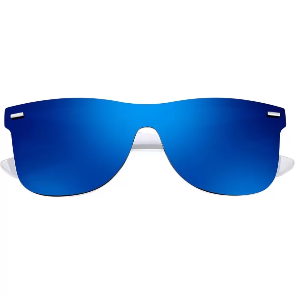 FEISEDY Sunglasses Rimless Mirrored Sun Glasses with Reflective OnePiece Lens B4114White FrameBlue Mirror