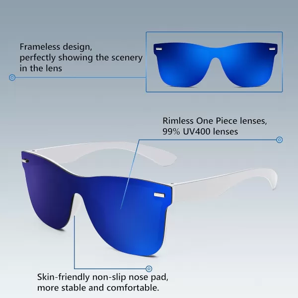 FEISEDY Sunglasses Rimless Mirrored Sun Glasses with Reflective OnePiece Lens B4114White FrameBlue Mirror