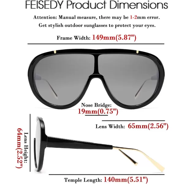 FEISEDY Sunglasses Women Oversized One Piece Frame UV400 Sun Glasses Trendy Retro Shades B2580Black Mirrored