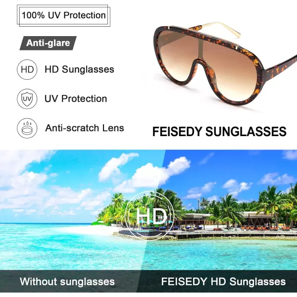 FEISEDY Sunglasses Women Oversized One Piece Frame UV400 Sun Glasses Trendy Retro Shades B2580Leopard