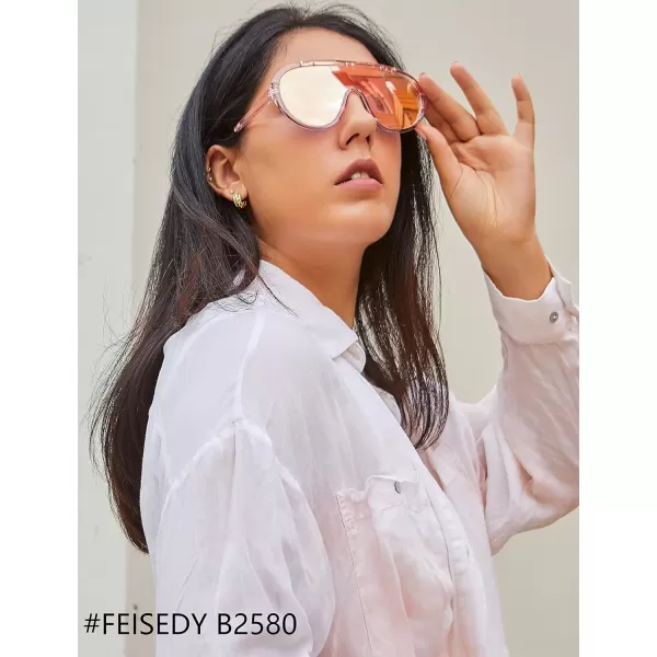 FEISEDY Sunglasses Women Oversized One Piece Frame UV400 Sun Glasses Trendy Retro Shades B2580Pink Mirrored