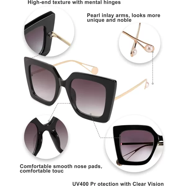 FEISEDY Sunglasses Womens Trendy Oversized Square Shades Pearl Inlay Cat Eye Frame UV400 Protection B2625Black