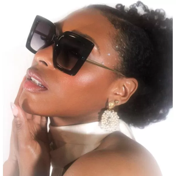 FEISEDY Sunglasses Womens Trendy Oversized Square Shades Pearl Inlay Cat Eye Frame UV400 Protection B2625Black