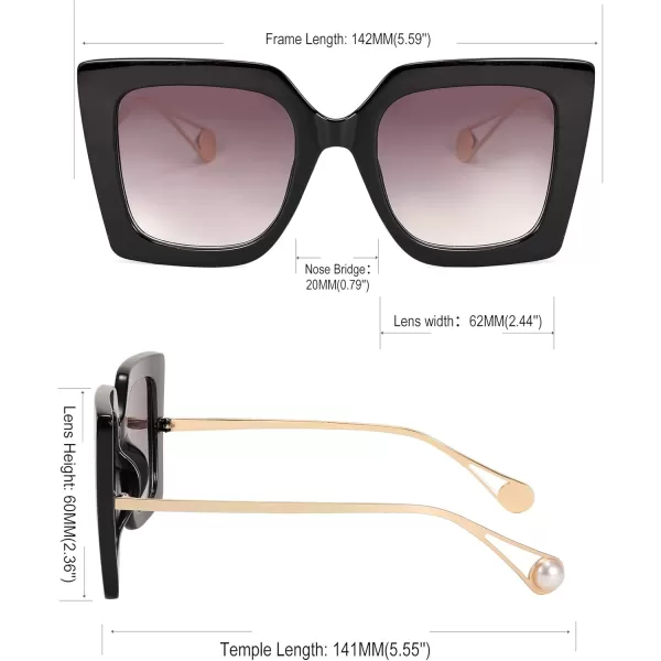FEISEDY Sunglasses Womens Trendy Oversized Square Shades Pearl Inlay Cat Eye Frame UV400 Protection B2625Black
