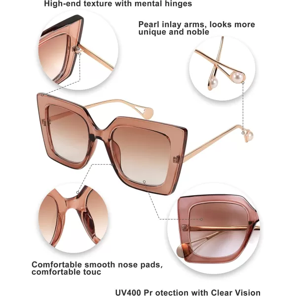 FEISEDY Sunglasses Womens Trendy Oversized Square Shades Pearl Inlay Cat Eye Frame UV400 Protection B2625Champagne