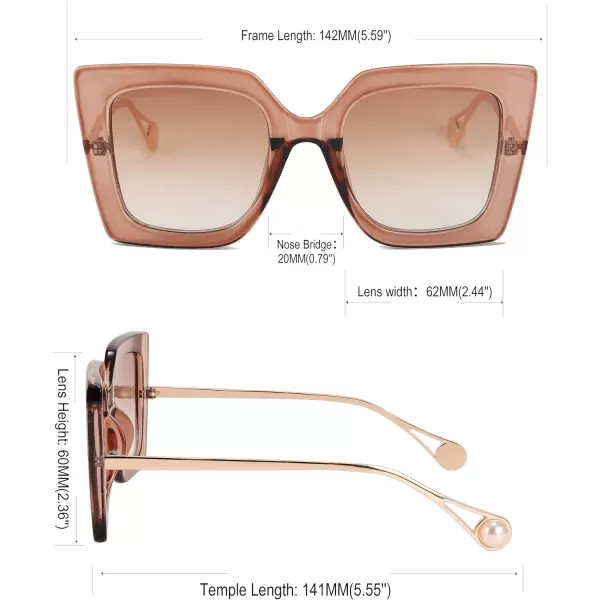 FEISEDY Sunglasses Womens Trendy Oversized Square Shades Pearl Inlay Cat Eye Frame UV400 Protection B2625Champagne