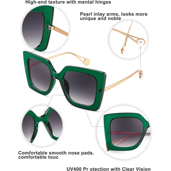 FEISEDY Sunglasses Womens Trendy Oversized Square Shades Pearl Inlay Cat Eye Frame UV400 Protection B2625Clear Green