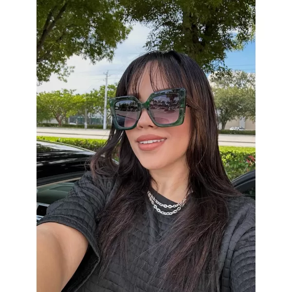 FEISEDY Sunglasses Womens Trendy Oversized Square Shades Pearl Inlay Cat Eye Frame UV400 Protection B2625Clear Green