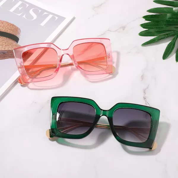 FEISEDY Sunglasses Womens Trendy Oversized Square Shades Pearl Inlay Cat Eye Frame UV400 Protection B2625Clear Green