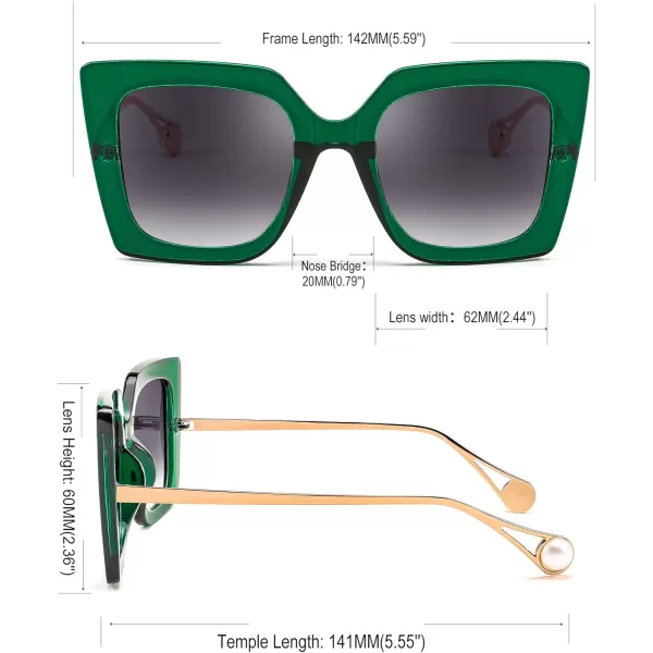 FEISEDY Sunglasses Womens Trendy Oversized Square Shades Pearl Inlay Cat Eye Frame UV400 Protection B2625Clear Green