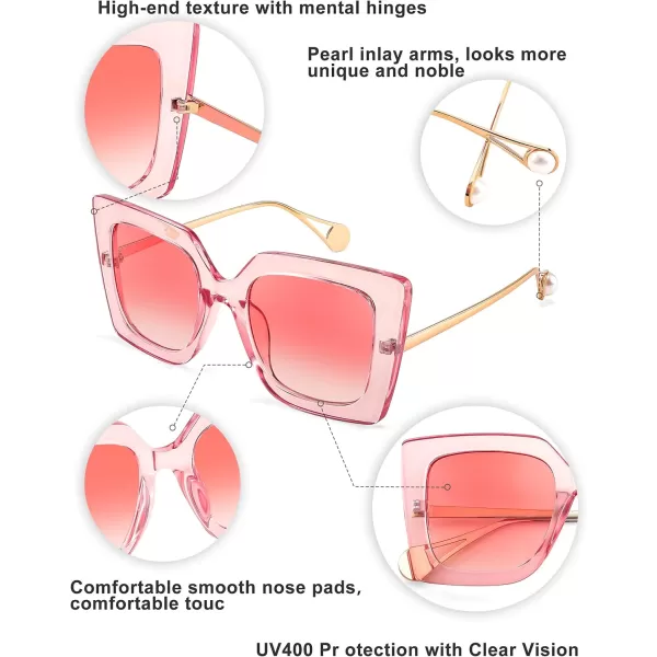 FEISEDY Sunglasses Womens Trendy Oversized Square Shades Pearl Inlay Cat Eye Frame UV400 Protection B2625Clear Pink