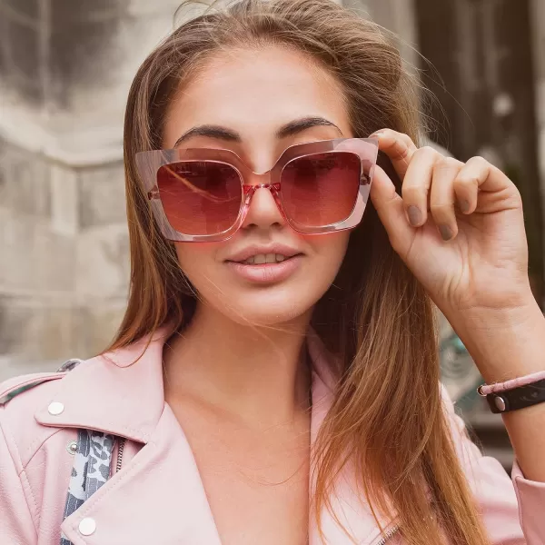FEISEDY Sunglasses Womens Trendy Oversized Square Shades Pearl Inlay Cat Eye Frame UV400 Protection B2625Clear Pink