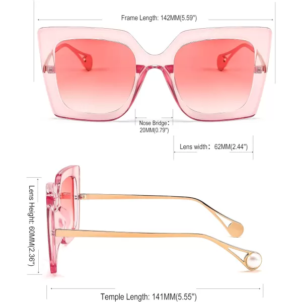 FEISEDY Sunglasses Womens Trendy Oversized Square Shades Pearl Inlay Cat Eye Frame UV400 Protection B2625Clear Pink