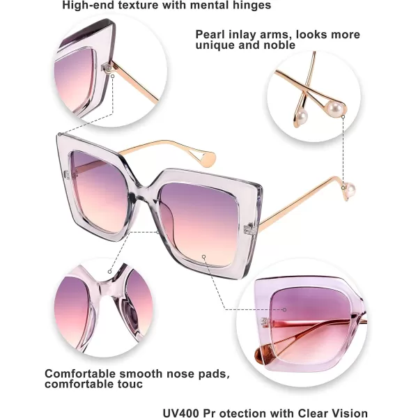 FEISEDY Sunglasses Womens Trendy Oversized Square Shades Pearl Inlay Cat Eye Frame UV400 Protection B2625Clear Purple