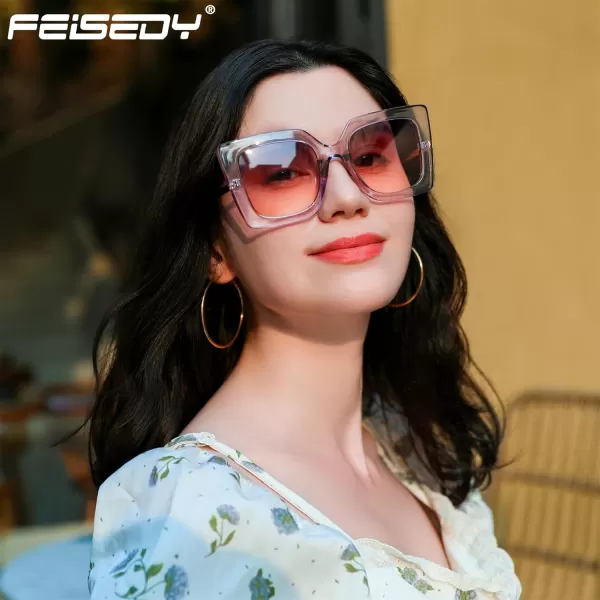 FEISEDY Sunglasses Womens Trendy Oversized Square Shades Pearl Inlay Cat Eye Frame UV400 Protection B2625Clear Purple