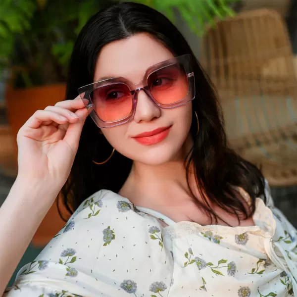 FEISEDY Sunglasses Womens Trendy Oversized Square Shades Pearl Inlay Cat Eye Frame UV400 Protection B2625Clear Purple