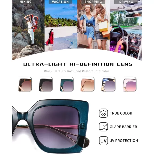 FEISEDY Sunglasses Womens Trendy Oversized Square Shades Pearl Inlay Cat Eye Frame UV400 Protection B2625Peacock Blue