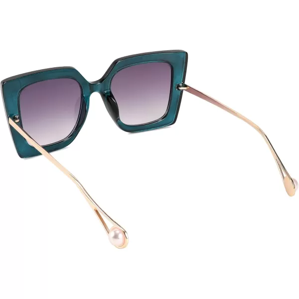 FEISEDY Sunglasses Womens Trendy Oversized Square Shades Pearl Inlay Cat Eye Frame UV400 Protection B2625Peacock Blue