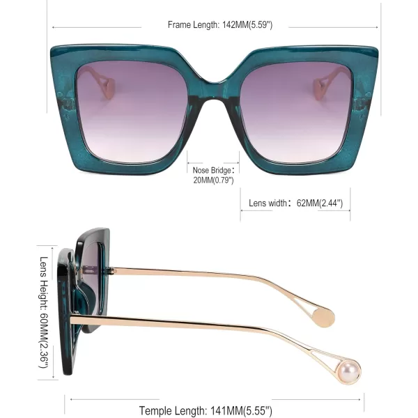 FEISEDY Sunglasses Womens Trendy Oversized Square Shades Pearl Inlay Cat Eye Frame UV400 Protection B2625Peacock Blue