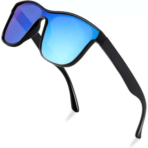 FEISEDY Trendy Square Polarized Sunglasses for Women Men one piece Mirror Flat Lens Anti Reflective B2814Blue Mirror LensBlack Frame