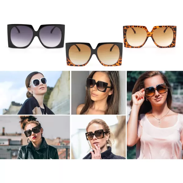 FEISEDY Vintage Big Square Sunglasses Women Fashion Large Shapes 100 UV400 Protection B2749Blackleopard Frame  Gradual Tea Lens